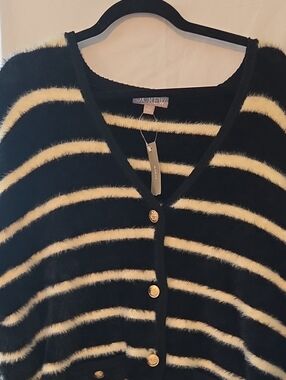 J. Crew Black & Cream Striped Fuzzy V-Neck Cardigan